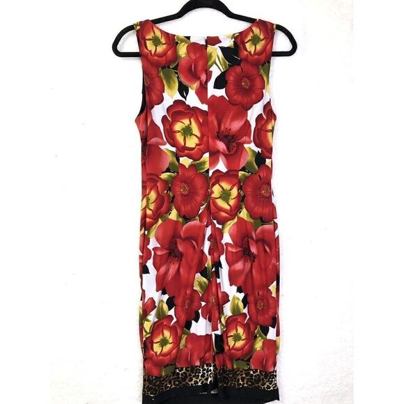 Cache Womens Sleeveless Red Floral Leopard Trim lined Sheath Dress Size 4 - Picture 2 of 9